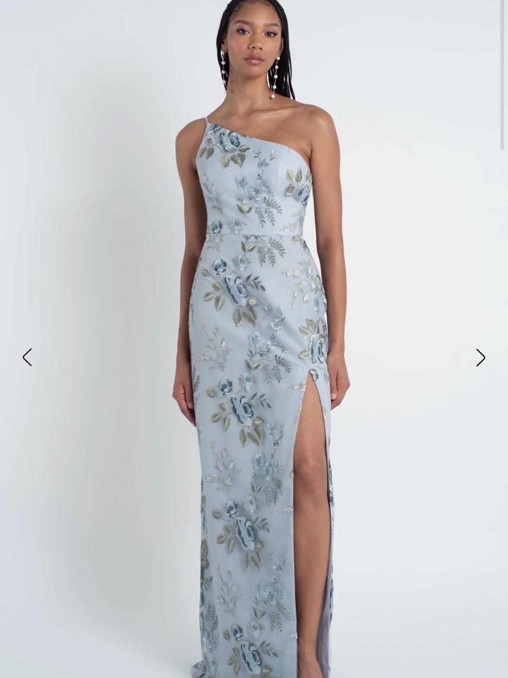 Jenny Yoo Bristol One-Shoulder Embroidered Floral Dress in Whisper Blue